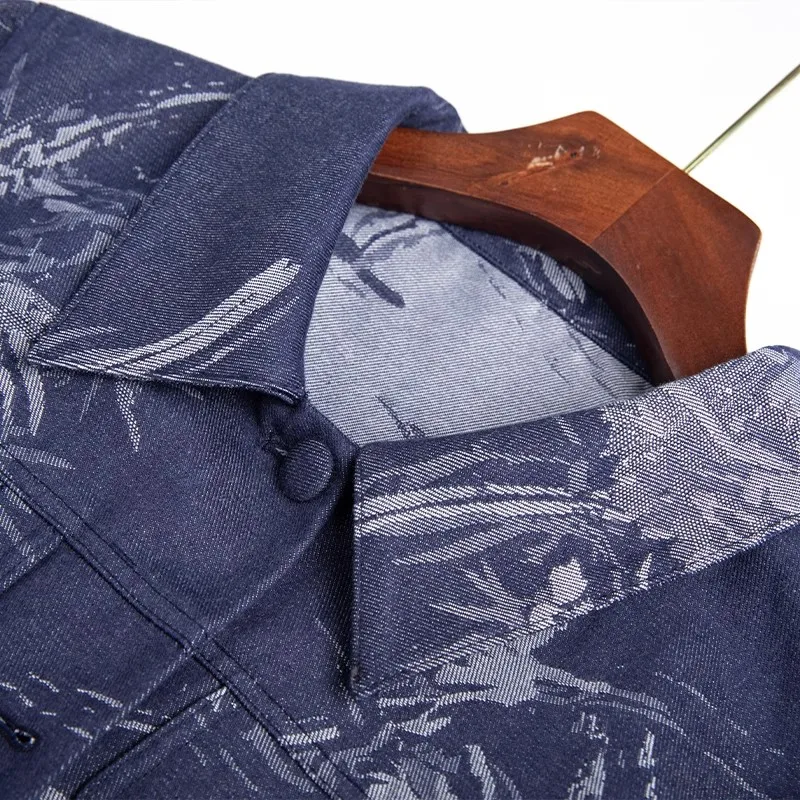 Women' Fall New Blue Printed Denim Jacket Short Style Lapel Collar Casual Button-down Jeans Coat
