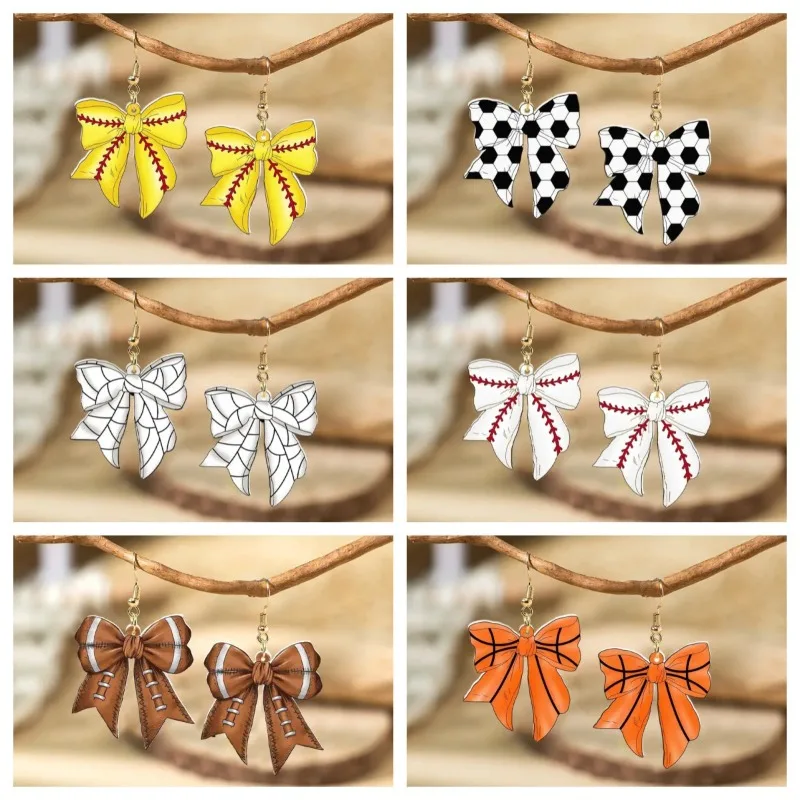 Creative 2D Flat Bow Acrylic Earrings Sports Competitions Football Baseball Element Women Personalized Party Earring Jewelry