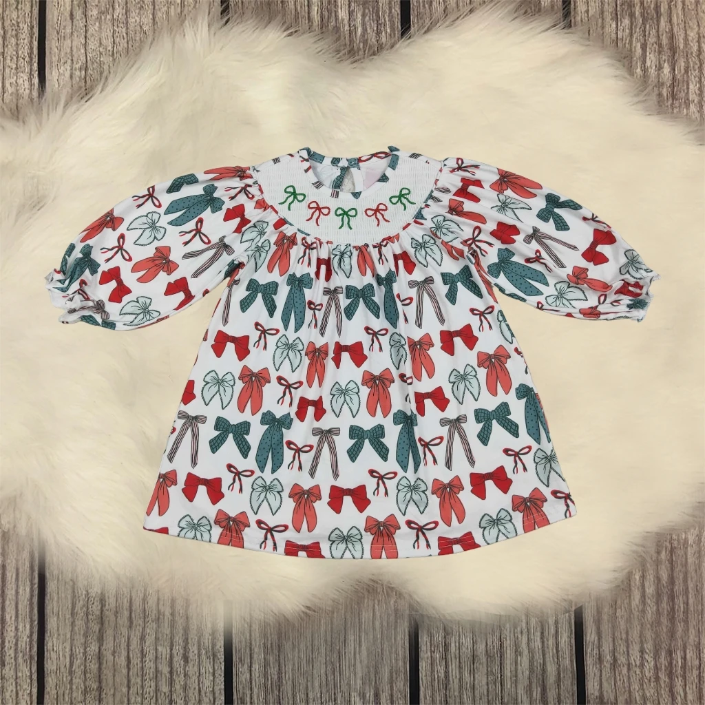 

Kids Children Long Sleeves Winter Christmas Clothes Toddler Infant Embroidery Bows Baby Girl Smocked Dress Clothing Wholesale
