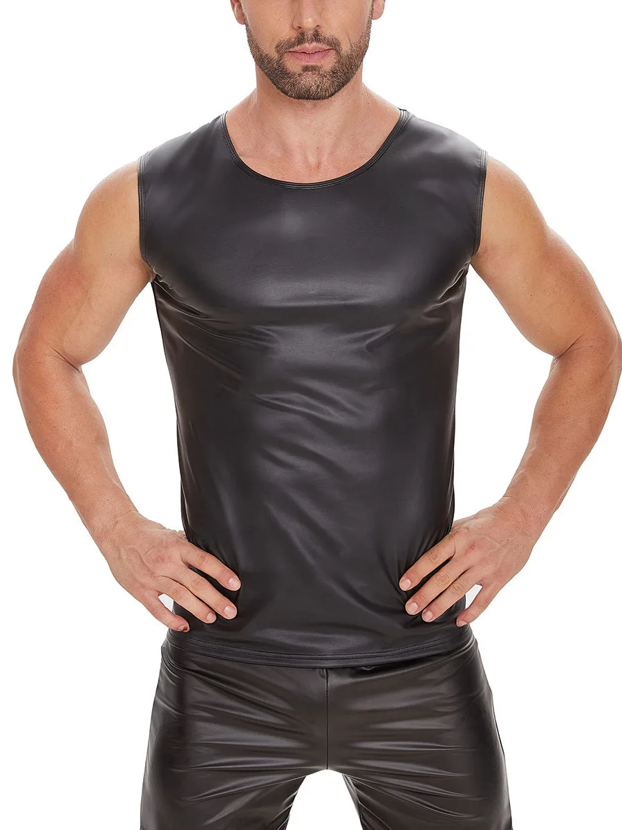 2024 New Sexy Matte Leather Sleeveless Round Neck Vest Men's Accurate Size No Odor Cinching Waist Slim Short Top W82K