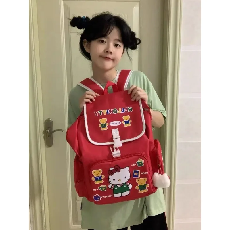 Sanrio HelloKitty Red Shoulders Bag Anime Cute Large Capacity School Student Backpack Computer Schoolbag Children Teenagers Bag