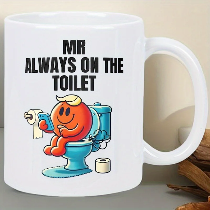 

【Hot Sale】Funny "Mr. Always Going To The Toilet" 11 Oz Ceramic Mug - Novelty Coffee Mug With Orange Character Design, Hand Washa