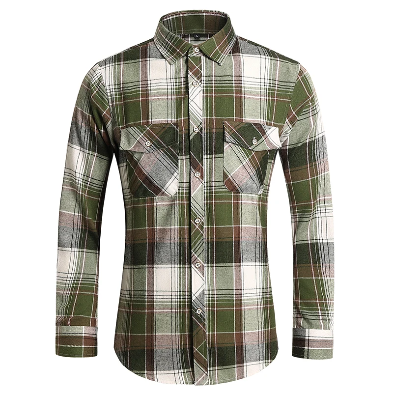 Fashion Two Pocket Yellow Plaid Shirt Men High Quality Cotton Long Sleeve Shirts Male Social Business Checkered Blouse 6XL 7XL