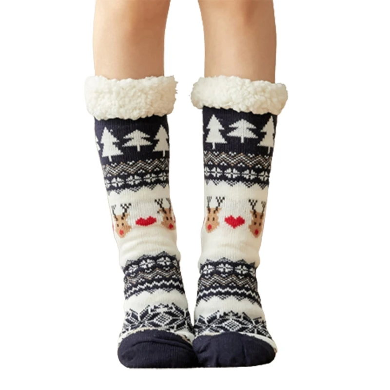 Women Christmas Winter Fuzzy Slipper Socks Cartoon Thick Warm Faux Fleece Lined Thermal Floor Sleep Hosiery Stockings