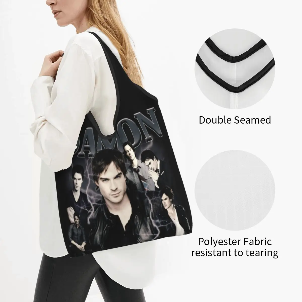 Damon Salvatore Shopping Bag Reusable Grocery Tote Bag Large Capacity The Vampire Diaries Ian Somerhalder Recycling Bags Handbag