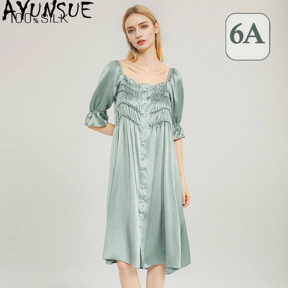 AYUNSUE　100% Mulberry Silk Night Dress Women 19MM Silk Newarrive Court Style Spring Summer Sleepwear Bathrobes Pijama Feminino