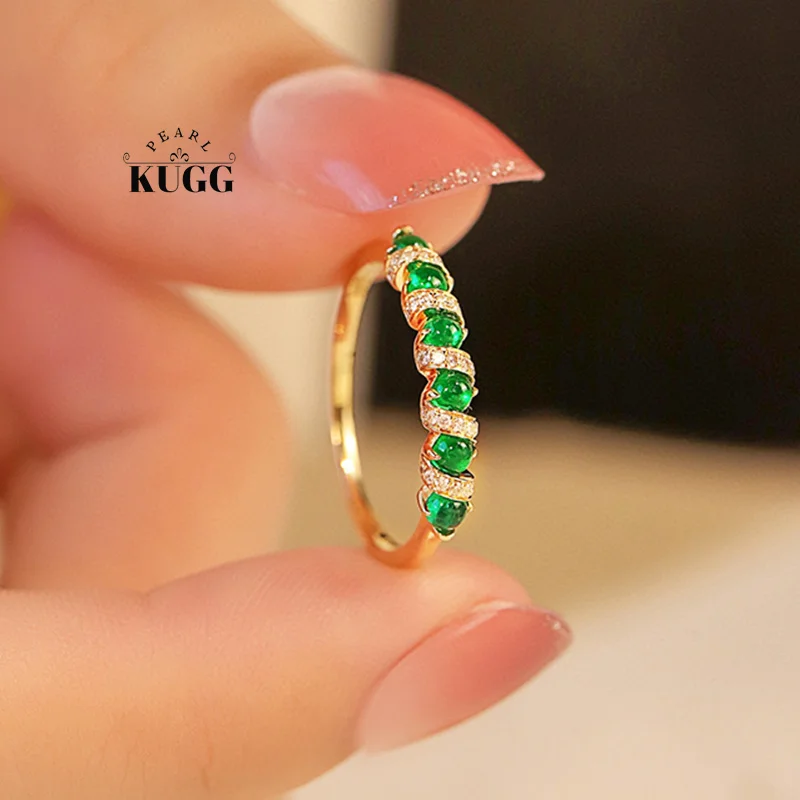 

KUGG 18K Yellow Gold Rings Elegant Romantic Style Real Natural Emerald Shiny Diamond Gemstone Ring for Women Engagement Jewelry