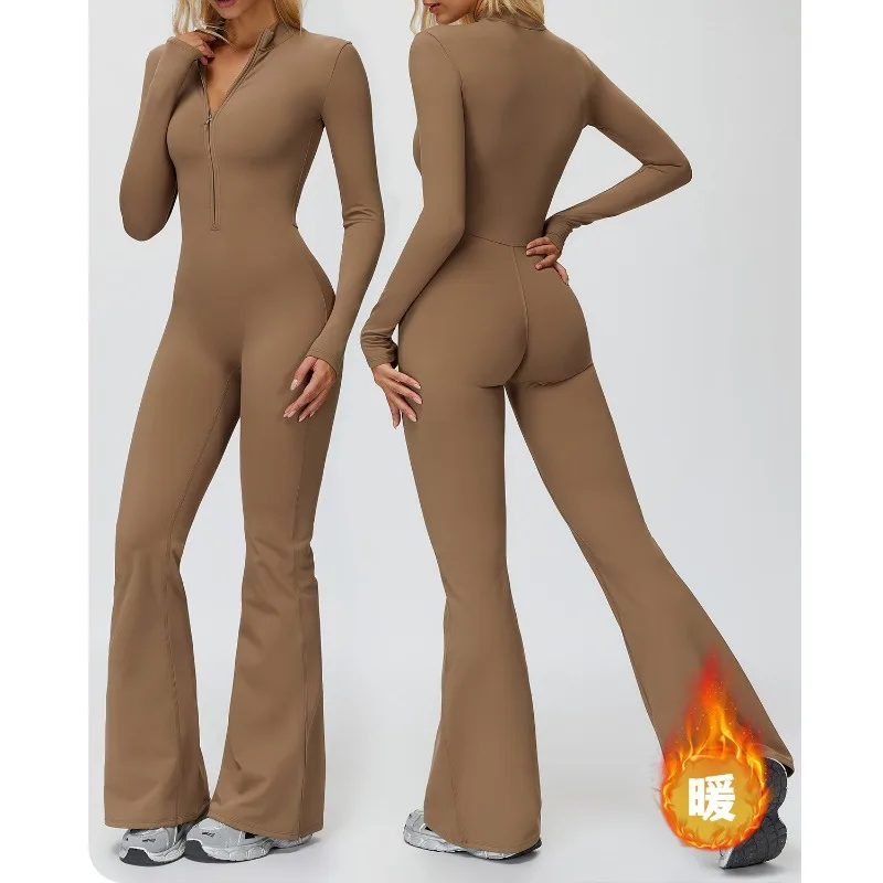 

Autumn and winter new women's fleece onesie one-piece stand-up collar warm yoga onesie wide-leg running fitness clothing