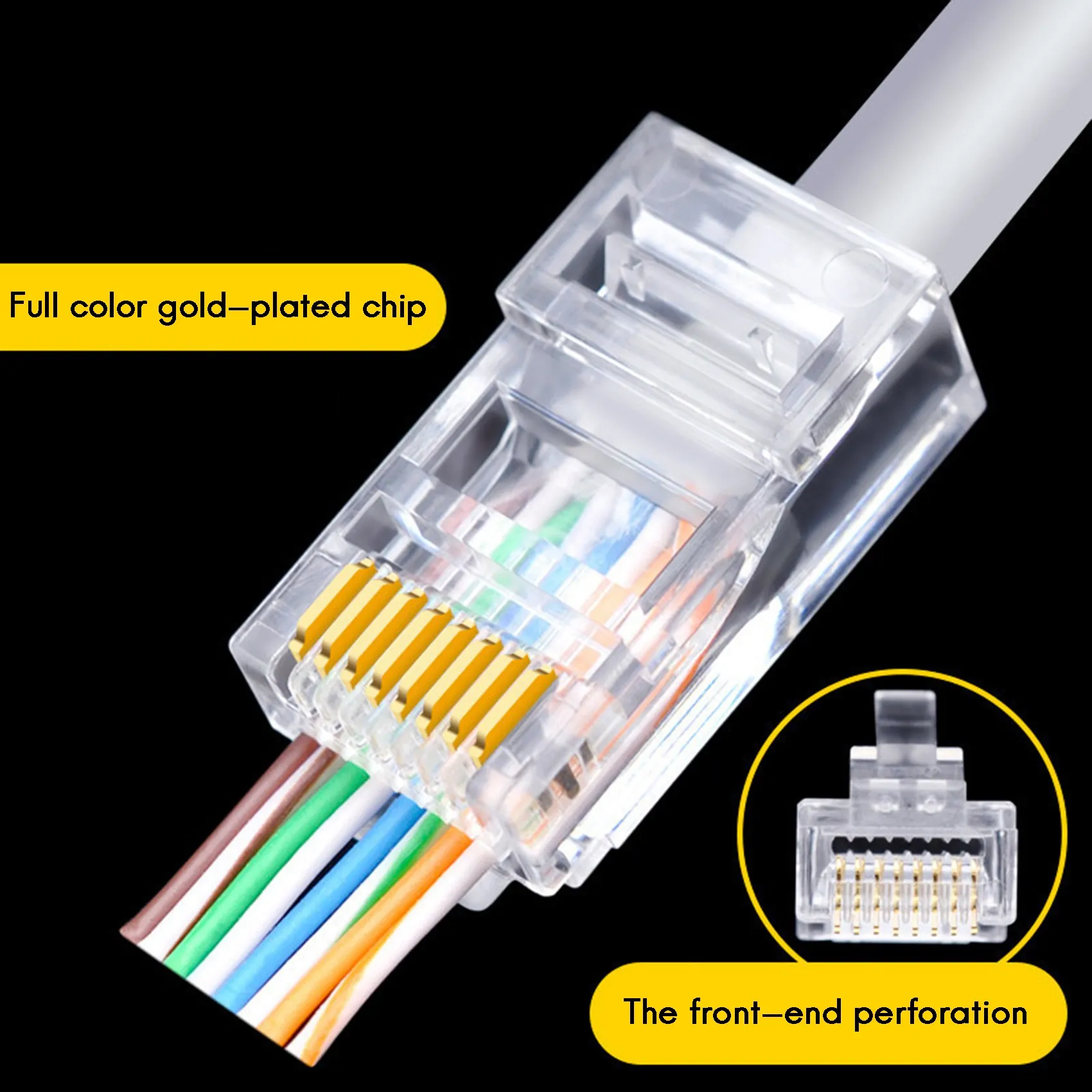 Cabeça de cristal do conector Ethernet banhado a ouro, categoria 5, RJ45 através do furo, 8P8C, Cat5 perfurado Unshielded, 100 pcs