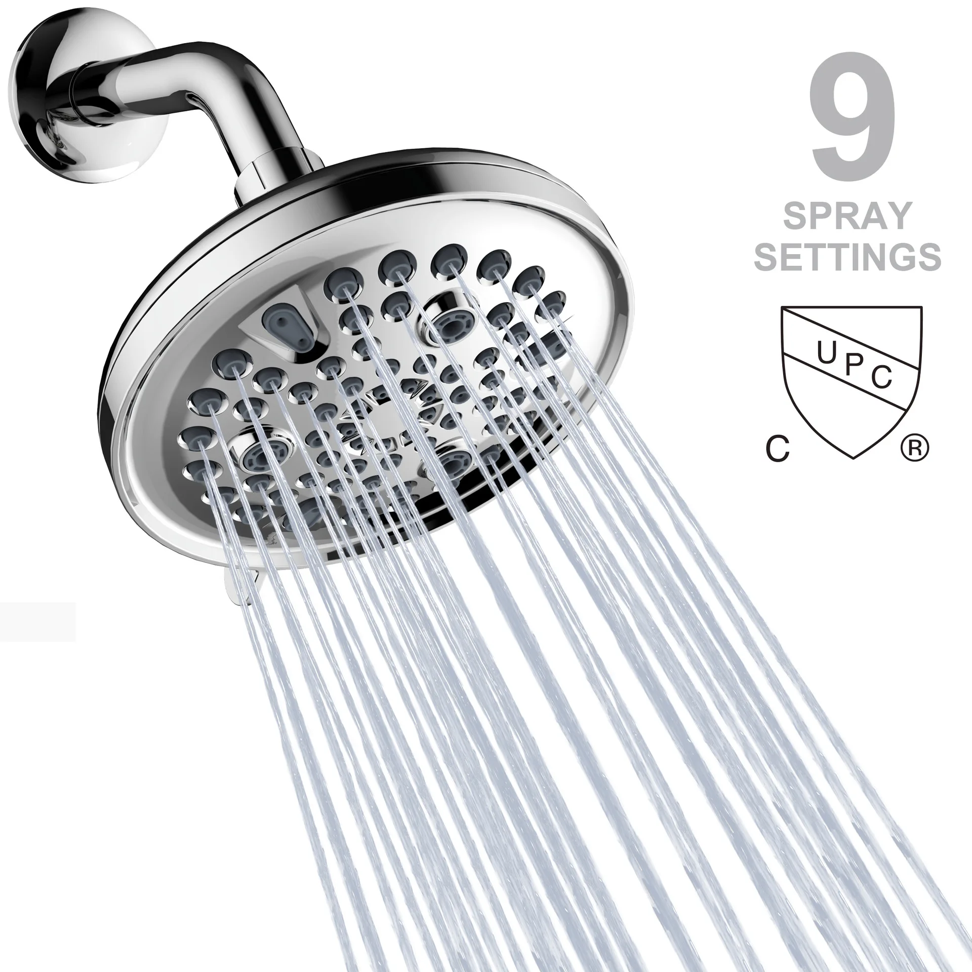 6 inch Bathroom Shower Head Set 9-Function Rain Shower Head With Shower Arm Kit for Wall-Mounted Installation,Chrome Plated