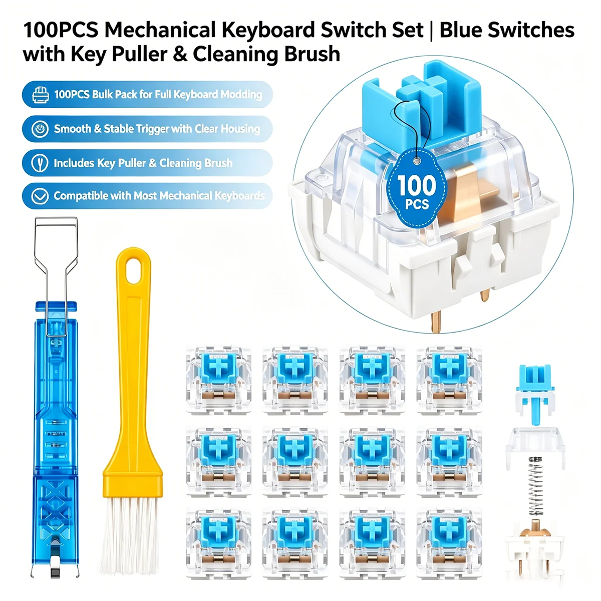 Keyboard Gaming Blue Switch - 100パック クリアRGBバックライトメカニカルキーボードスイッチ クリック感のあるブルースイッチセット スイッチプーラーツール付き ゲーミングキーボード用
