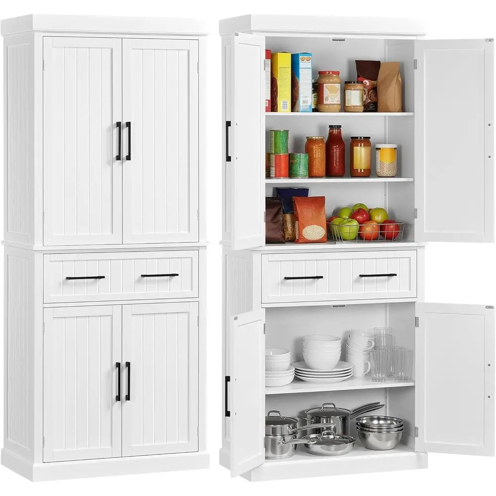 

72.5 Tall White Kitchen Pantry Cabinet with 4 Doors & 2 Adjustable Shelves for Dining/Living Room Storage