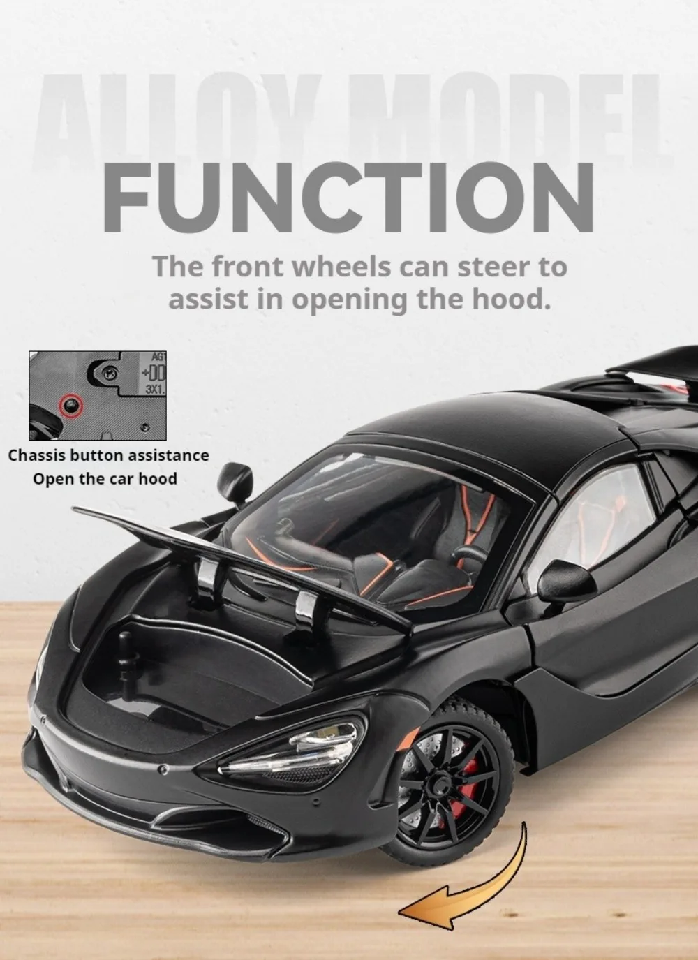 1:24 Senna GTR 720S Miniature Model Alloy Diecast Sports Car Toys Front Wheel Steering Sound Light Pull Back Boys Festival Gifts
