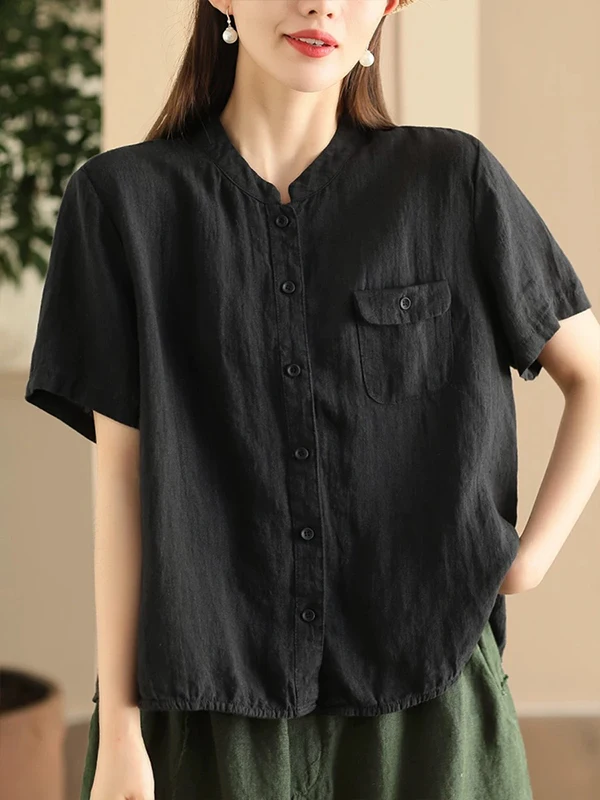 الرجعية اليابانية Sle المرأة القطن الكتان ort Sve irt عارضة الوقوف طوق كيت واحد فضفاضة تناسب الصيف الأعلى