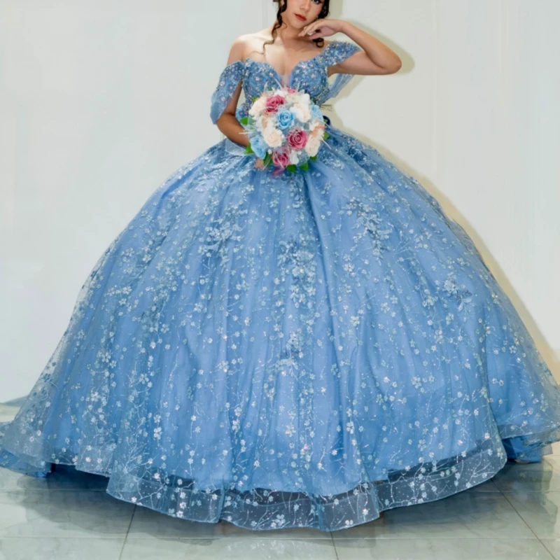 

Blue Shiny Ball Gown Quinceanera Dresses Sequin Applique Lace Beading Crystal Tull Corset Off Shoulder Sweet 16 Dress vestidos