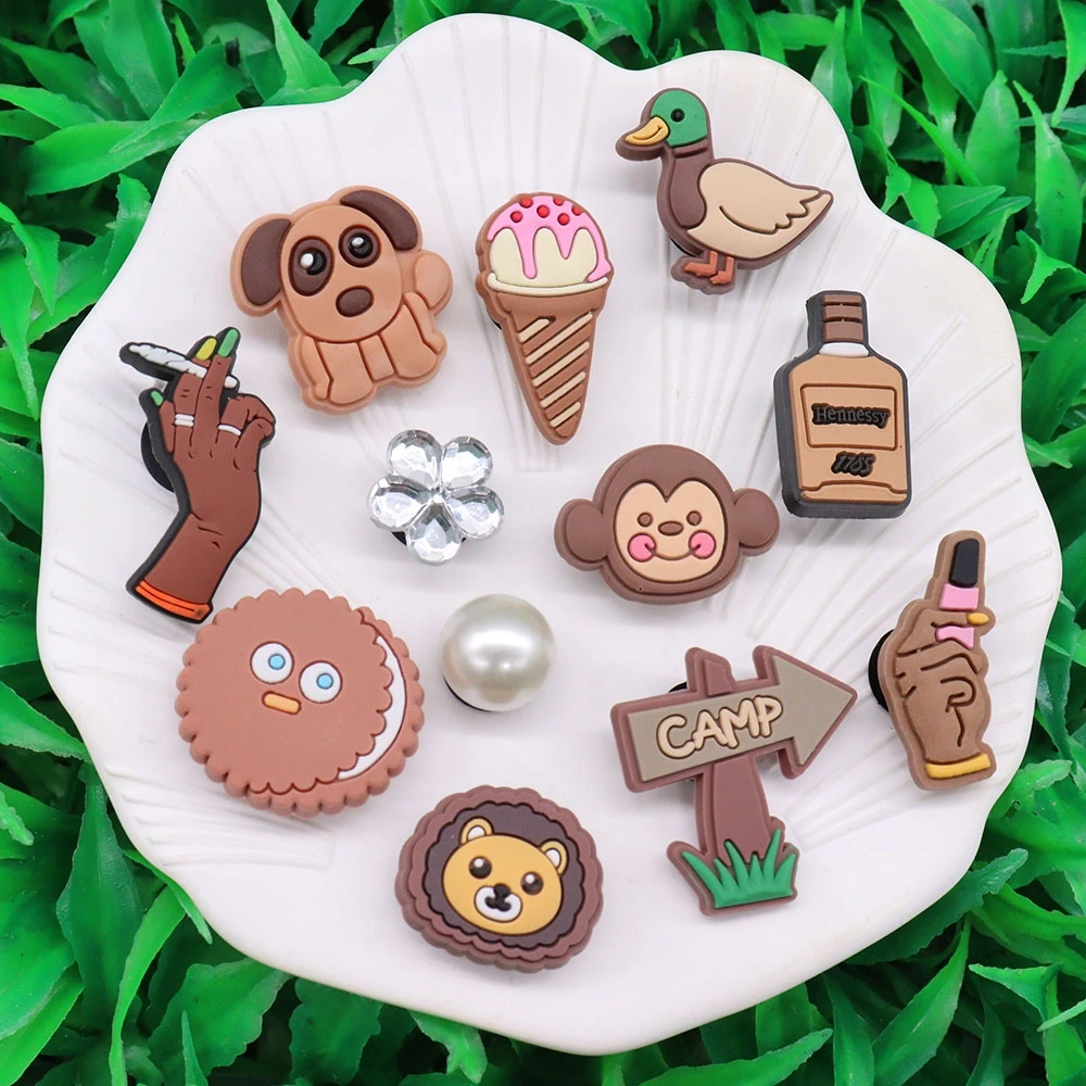 1-12pcs PVC Garden Shoe Accessories Brown Lion Monkey Duck Dog Shoes Charms Sandals Decoration Fit Boys Girls Party Present