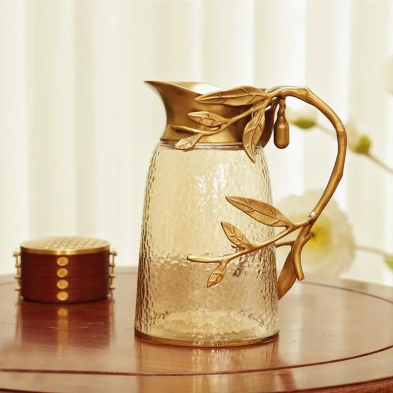 Vintage Large Capacity Brass Glass Water Pitcher Creative Branch Decor Vase Tabletop Ornament for Cold Water Tea Home Decoration