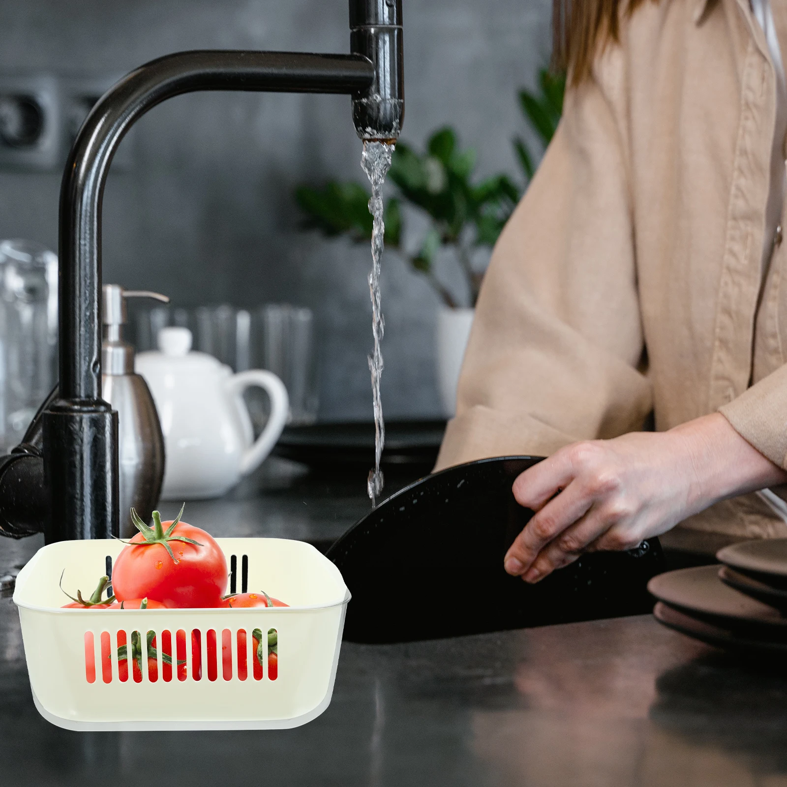 

1 Piece Large White Double Layer Kitchen Vegetable Washing Basket Fruit Strainer Compact Drain Pasta Salad Beans