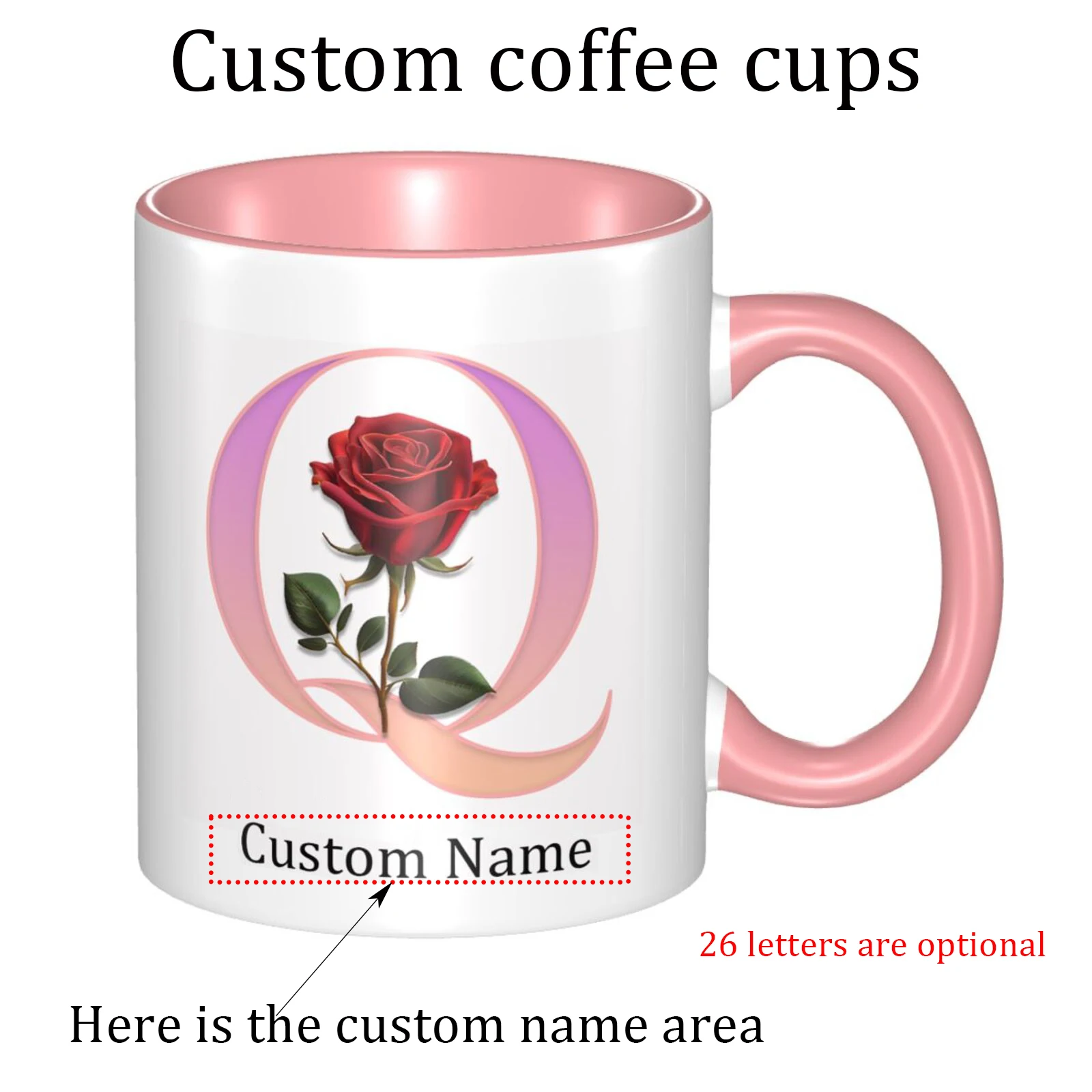 

Custom coffee mug, personalized 26-letter rose design, name text print, suitable for Halloween and anniversary gifts.