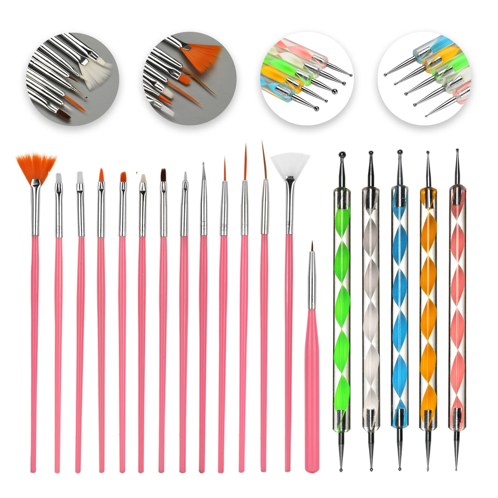 20pcs/Set Nail Art Brush Design Tip Painting Drawing Carving Dotting Pen FlatFan Liner Acrylic Gel UV Polish Manicure Tools