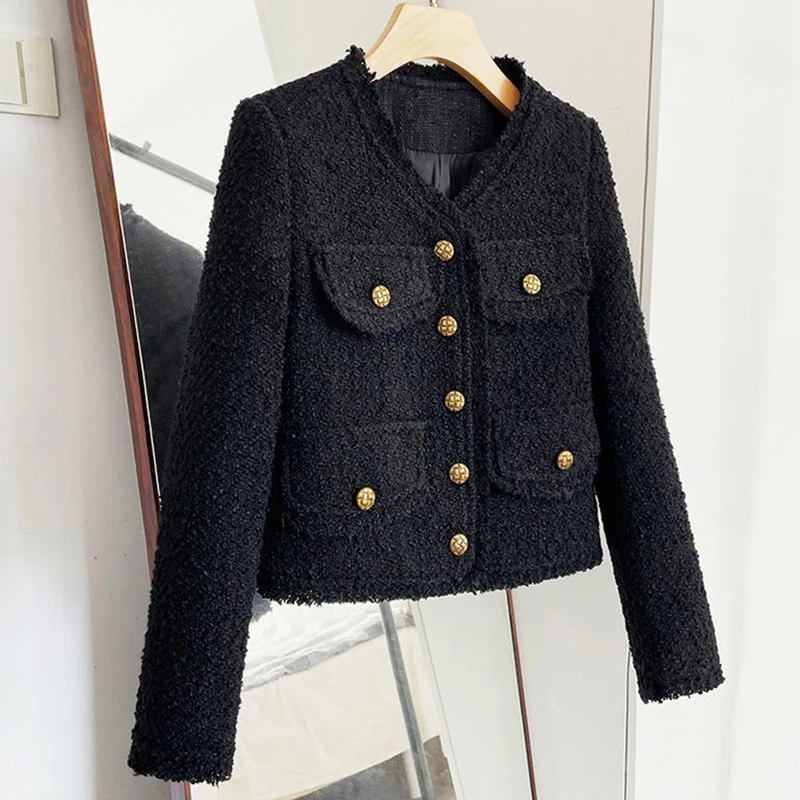 Rimocy Cropped Tweed Jacket Women Korean Fashion Round Neck Single-breasted Jackets Woman Autumn Winter Long Sleeve Chic Coats