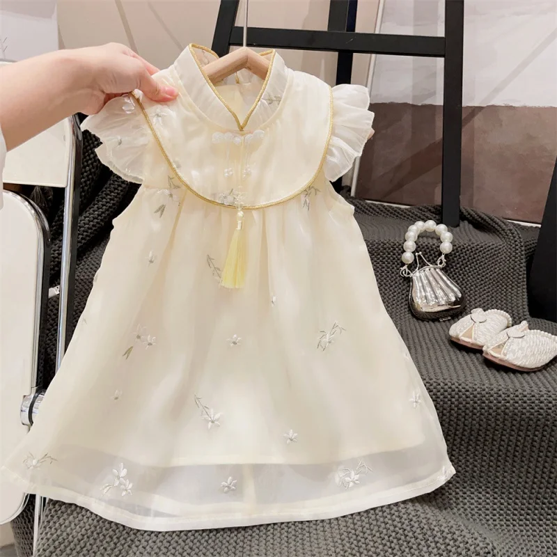 New Girl's National Style Ruffled Stand Collar Flying Sleeve Flower Embroidered Princess Dress2024Summer Dress-WSNY