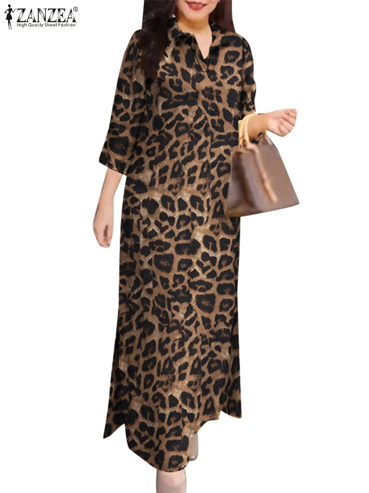 Stylish Autumn Sundress Women Long Shirt Dress Fashion Lapel Neck Leopard Dresses 2024 ZANZEA Casual Baggy Work Vestidos Robe