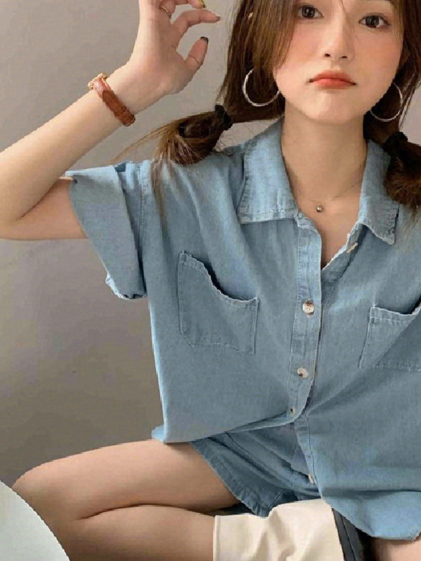 Internet Celebrity Age-Reducing Summer Loose Casual Short-Sleeved Denim Shirt + Shorts