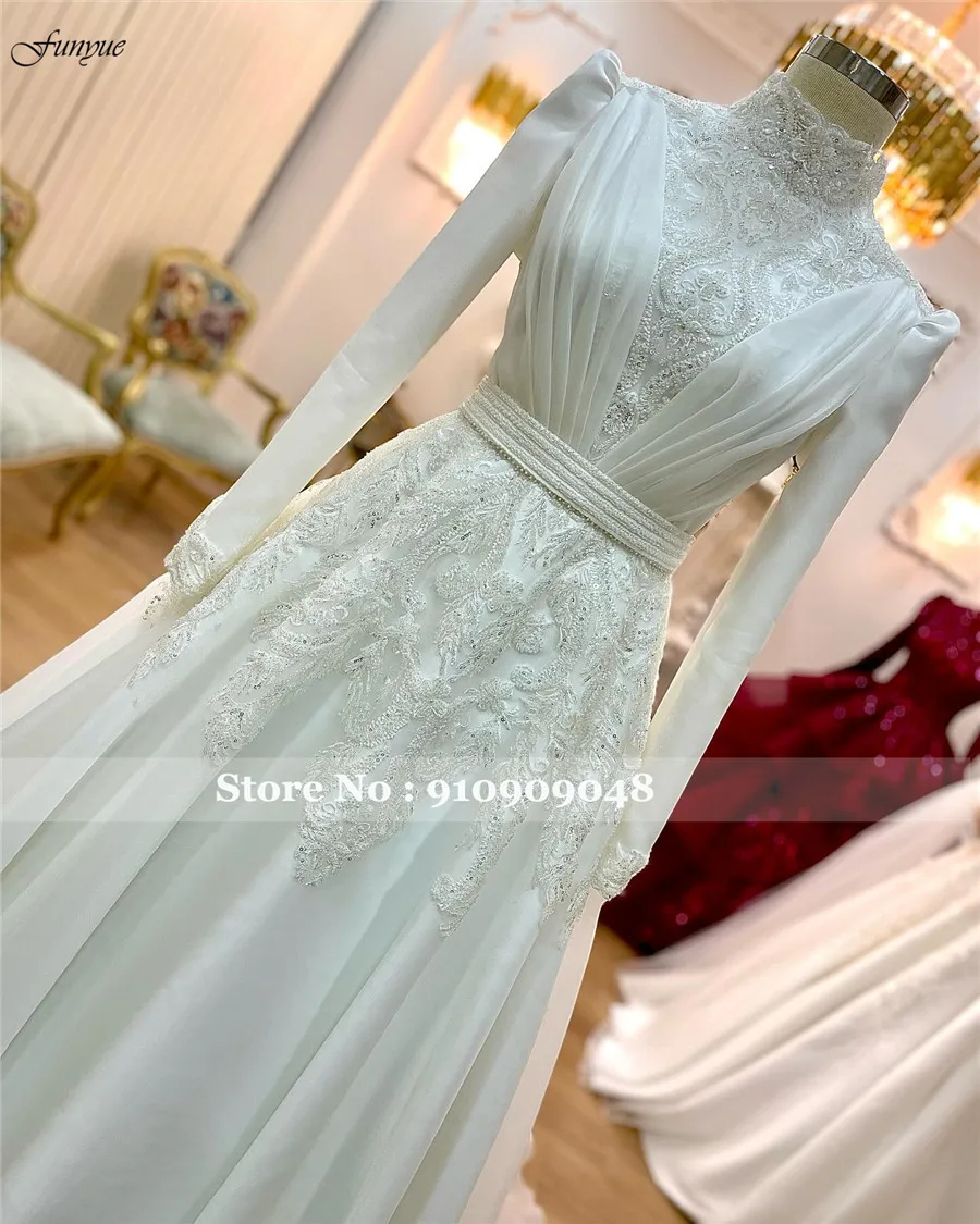Funyue suknia ślubna vestidos de novia musulmanes de lujo cuello alto árabe Dubai vestido de novia para novia encaje con cuentas Gelinlik islámico