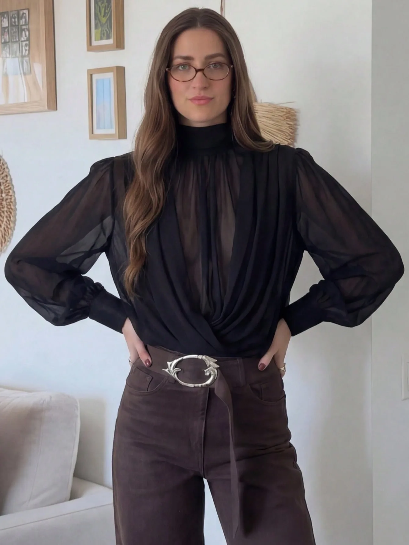 Black Mesh Blouse Women Elegant High Neck Scarf Tie Draped Long Sleeve Shirt Casual Sheer Cross Over Tops Outwear Blusa