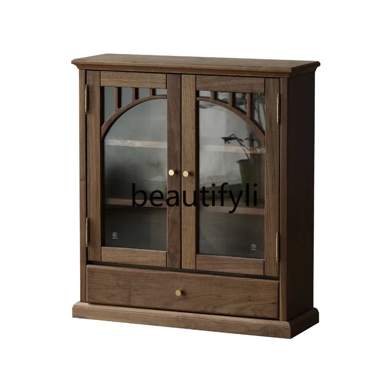 All solid wood retro decorative cabinet, black walnut glass wall cabinet, wall-mounted dish display cabinet