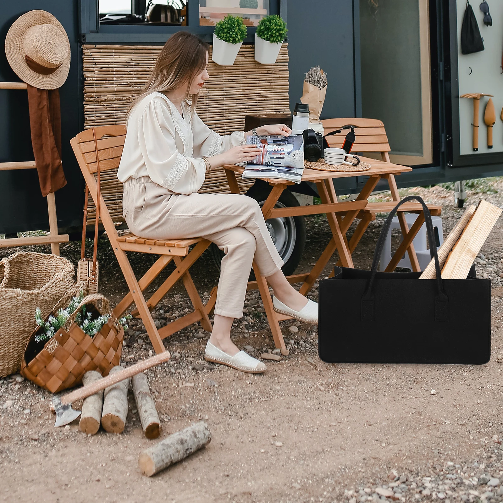 

Felt Storage Large Capacity Foldable Reusable Storage Bag Firewood Holder Indoor Outdoor Portable Picnic Camping Black