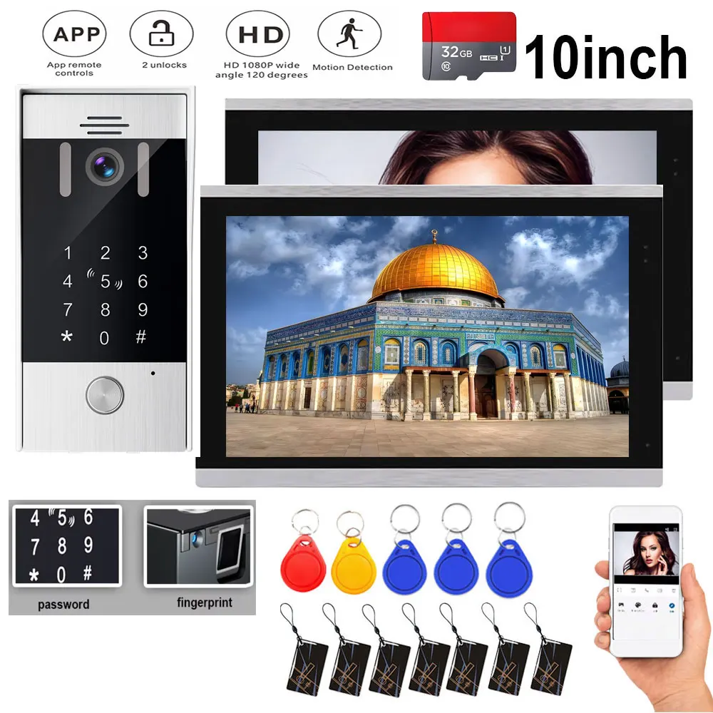 Fingerabdruck-Entsperrung 5-in-1 Türklingel-Video-Gegensprechanlage für Zuhause, Tuya Smart 1080P 10-Zoll-Touchscreen-Monitor, Sicherheitsschutz