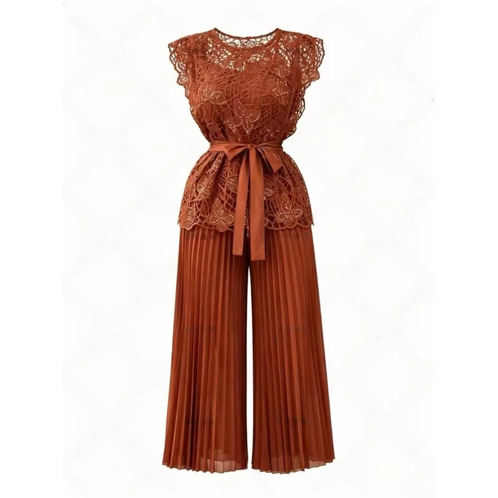 2026 Heavy Industry Hollow Lace Lace Up Waist Top Wide Leg Pants Set Light Luxury High-end Women's Clothing Three-piece Set