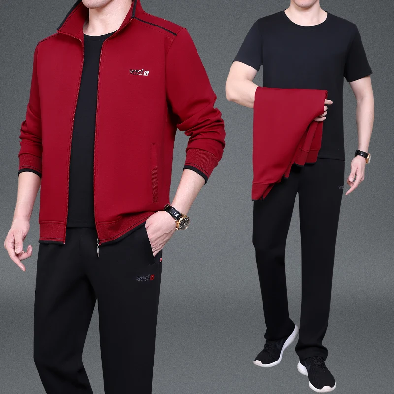 

Men's Midlife Running Suit Tee-Piece Set 2024 New Sle Autumn Outerwear Long Sve Polyester Cotton Blend Elastic Waist