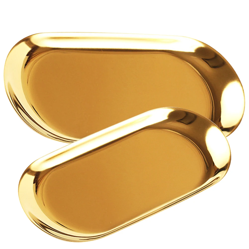 

2 Pcs Gold Decorative Oval Trays Small Serving Tray for Coffee Table Catering Storage Stainless Steel Home Kitchen Use