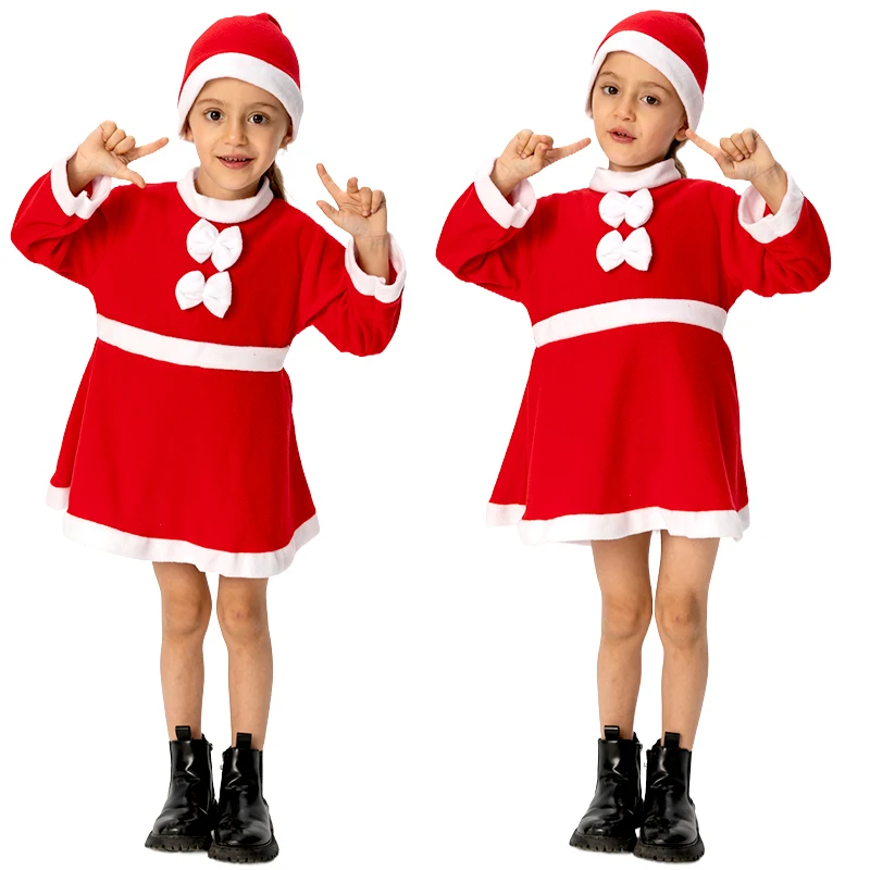 مجموعة بدلة سانتا كلوز الحمراء للعام الجديد مع قبعة أزياء تنكرية للأطفال والبنات والأطفال مجموعة فستان حفلات عيد الميلاد الفاخرة