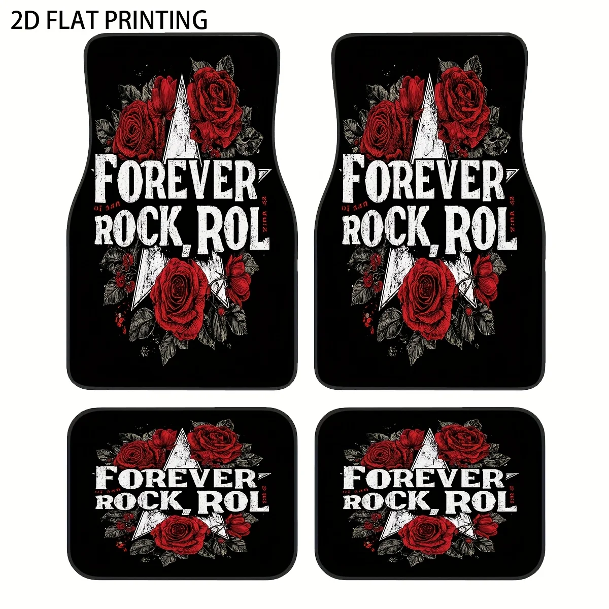 

4pcs Heavy Metal Rock Style Car Floor Mats With Forever Ro Logo & Iconic Rose Design - Heavy-Duty All-Weather Black/Red Fit For