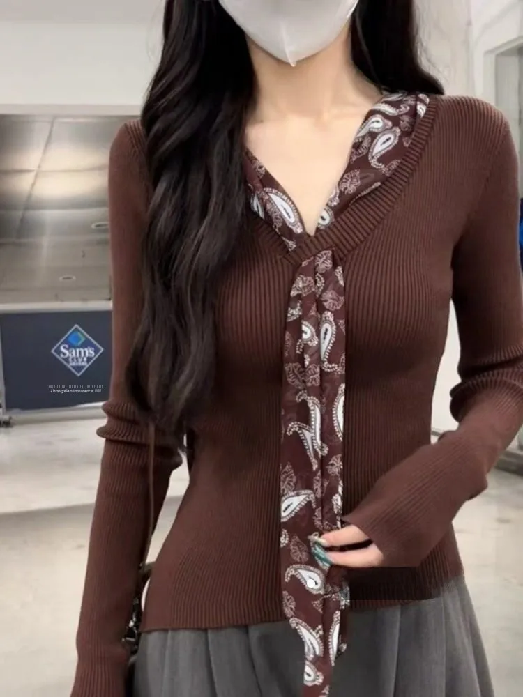 

Корейский свитер Sle Long Sve V-Ne, женский облегающий свитер с лентой, повседневный модный зимний топ Ele Gentle