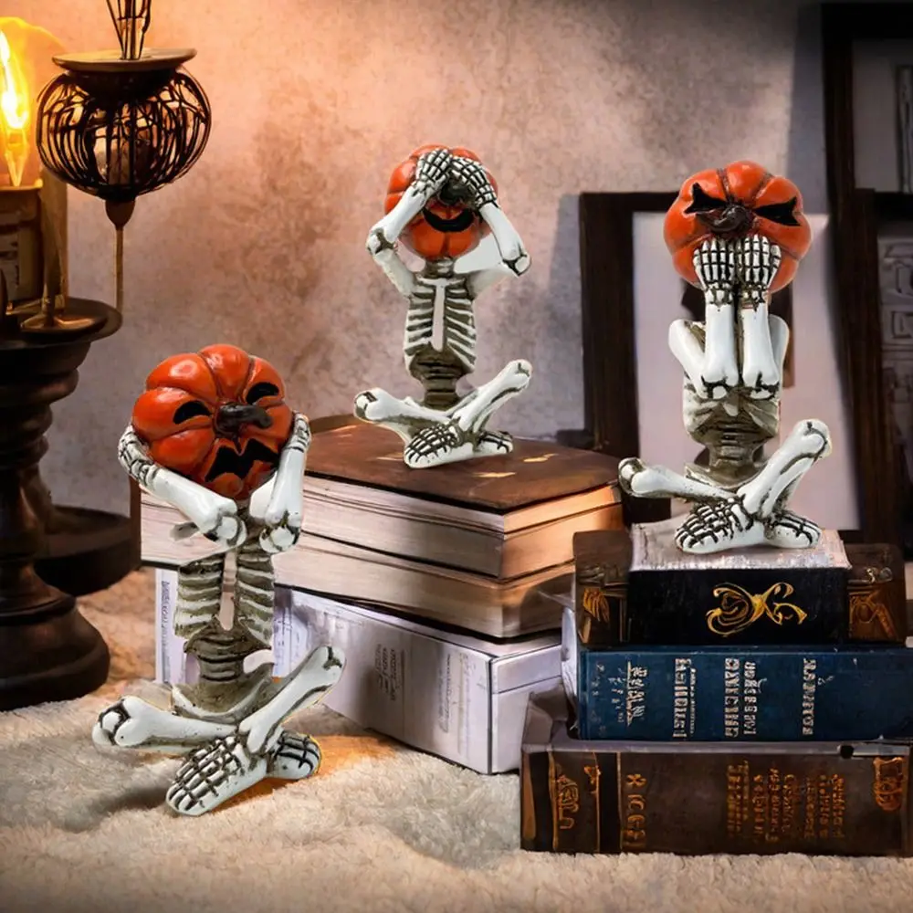 

3Pcs/Set Resin Craft Meditation Yoga Skeleton Statue Durable Yoga Poses Pumpkin Head Skull Doll Ghost Festival Handmade