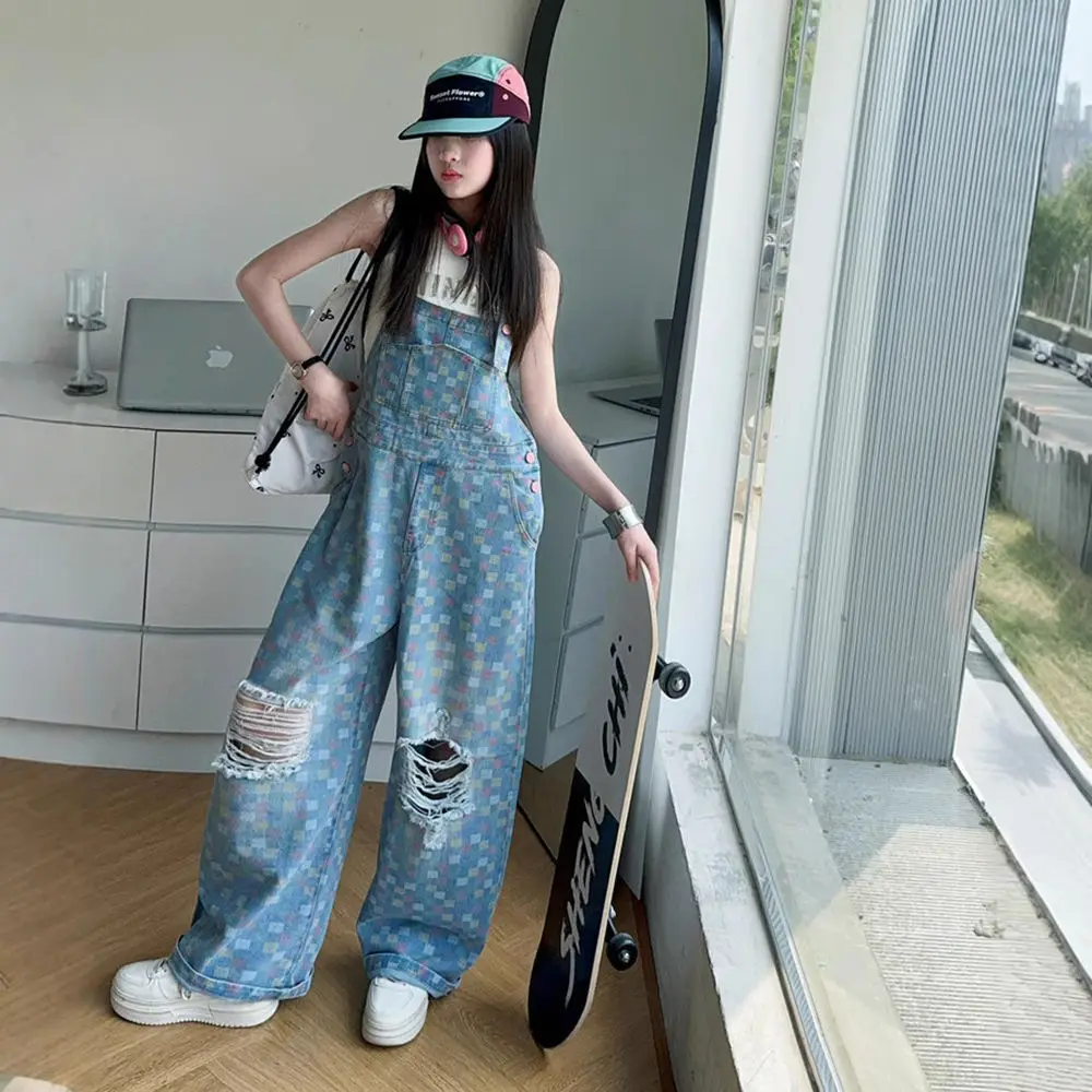 

Kids Plaid Strap Bib Jeans Jumpsuit for Teenage Girl Fashion Ripped Denim Suspender Overalls Child Stylish Dungarees With Holes