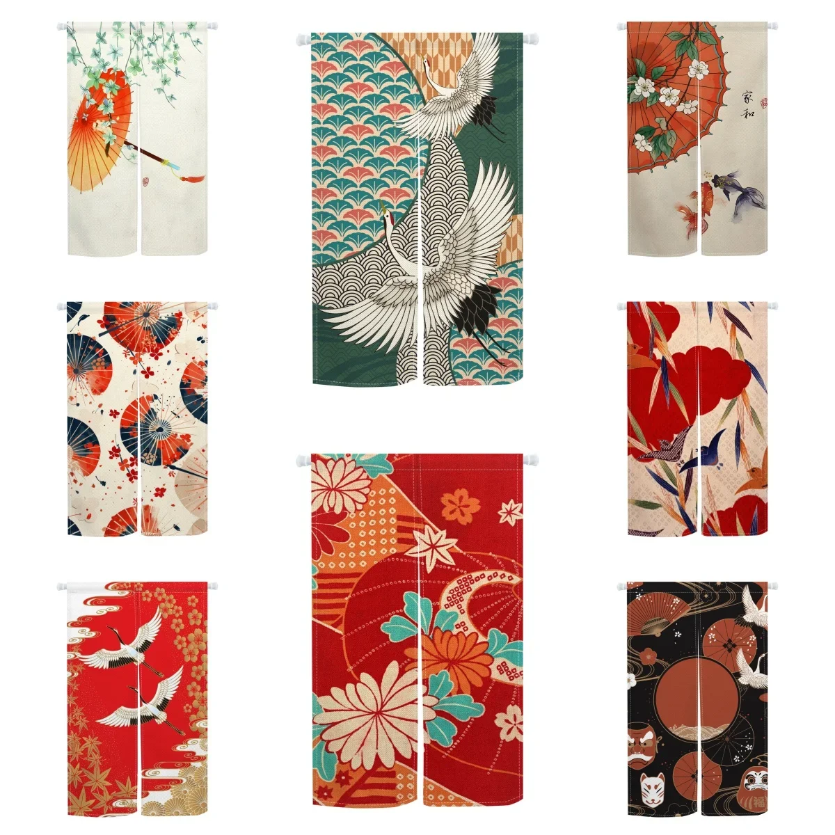 Japanese Noren Door Curtain Red Umbrella Koi Fish Cherry Blossom Patterns Doorway Curtain Home Decor Kitchen Split Half Curtains