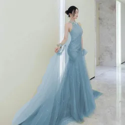 Dusty Blue Evening Dresses for Women Wedding Guest Mermaid Sweep Train Celebrity Dress Sequin Crystal vestidos de gala