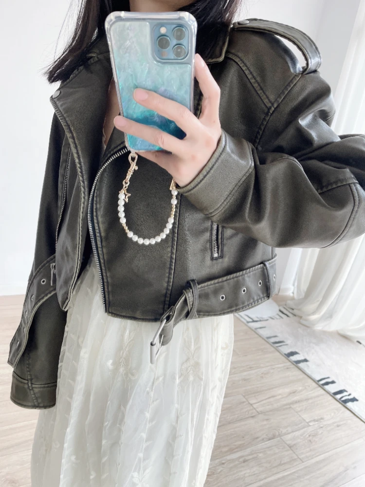 FTLZZ New Spring Autumn Women Vintage Loose Faux Leather Jacket with Belt Streetwear Lapel Short Pu Coat Moto Biker Outwear