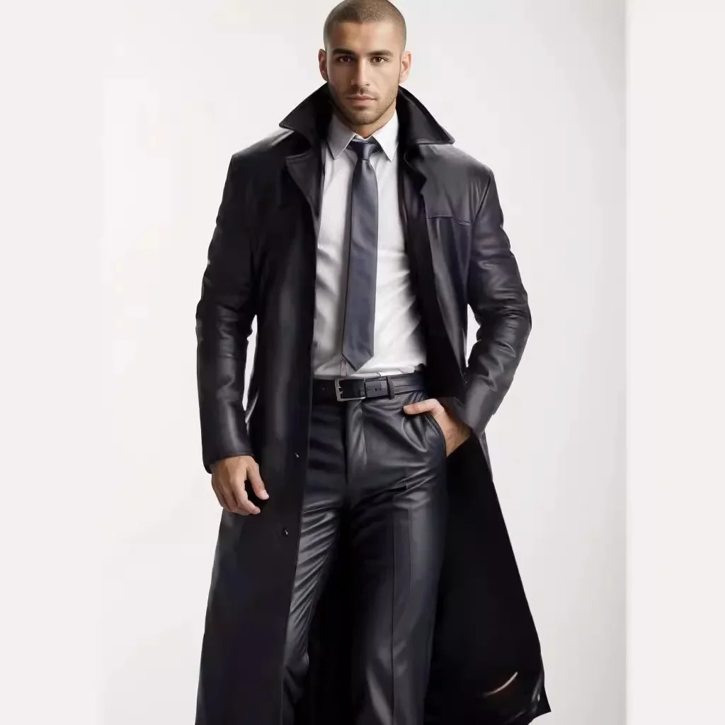 New Fashion Men's Solid Color Casual Trendy Simple Basic Turn-down Collar Long Sleeve Mid Calf Length Faux Leather Coats Male