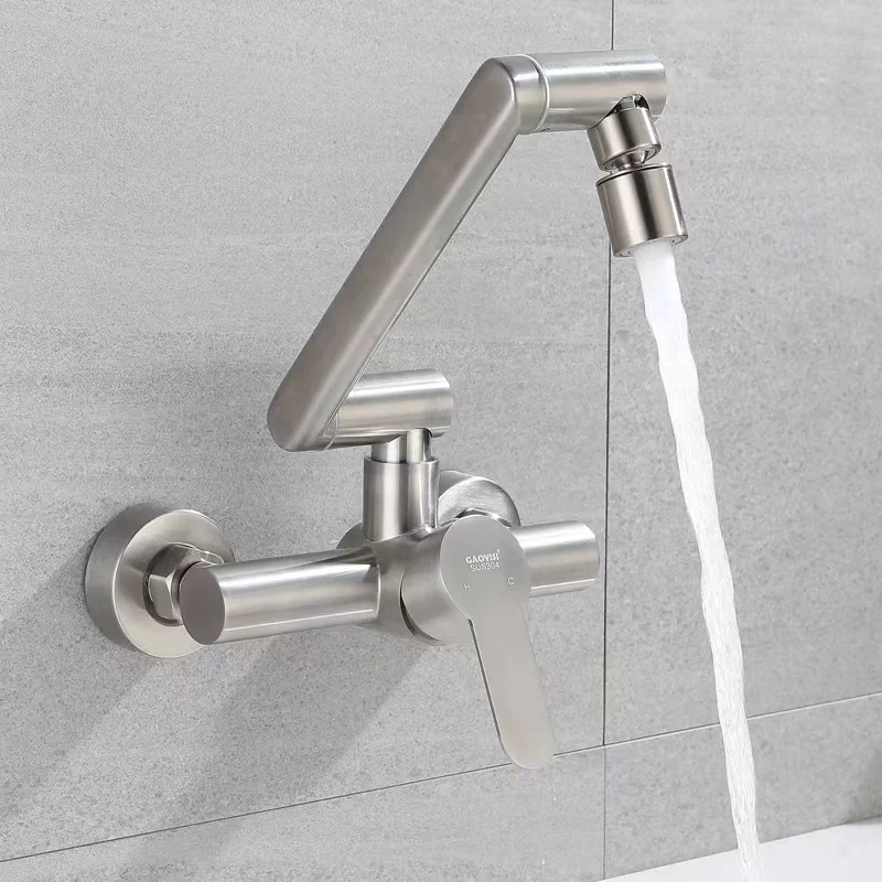 2-Mode Stainless Steel Kitchen Faucet Wall Mounted Bathroom Sink Taps 360 Degree Free Rotation Cold and Hot Mixer