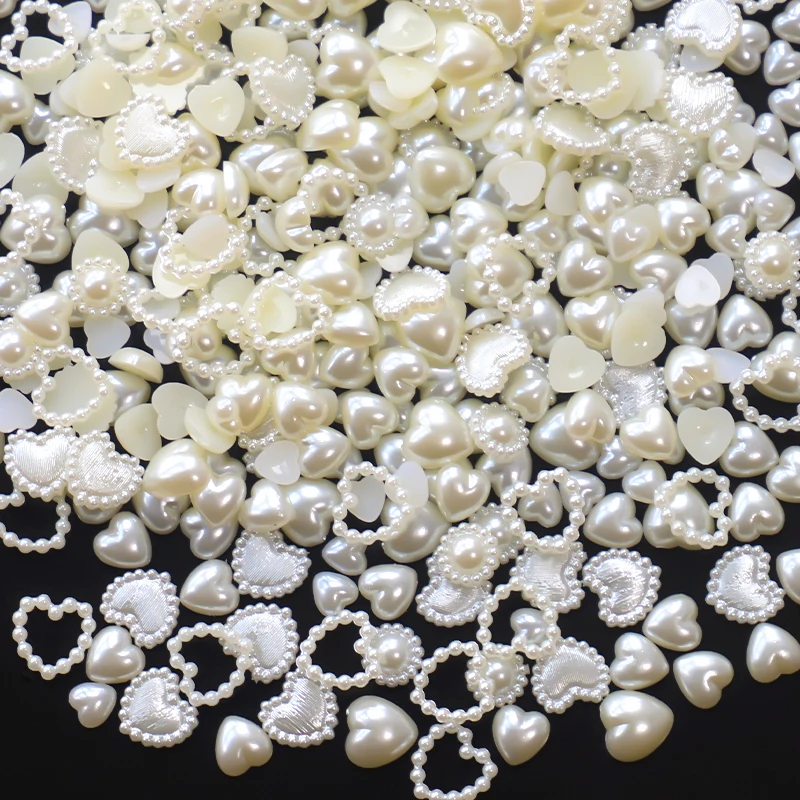 100pcs/bag New Mixed White Pearl Love Heart Shaped Nail Art Charms Half Round Beads Design For Nails DIY Manicure Decoration