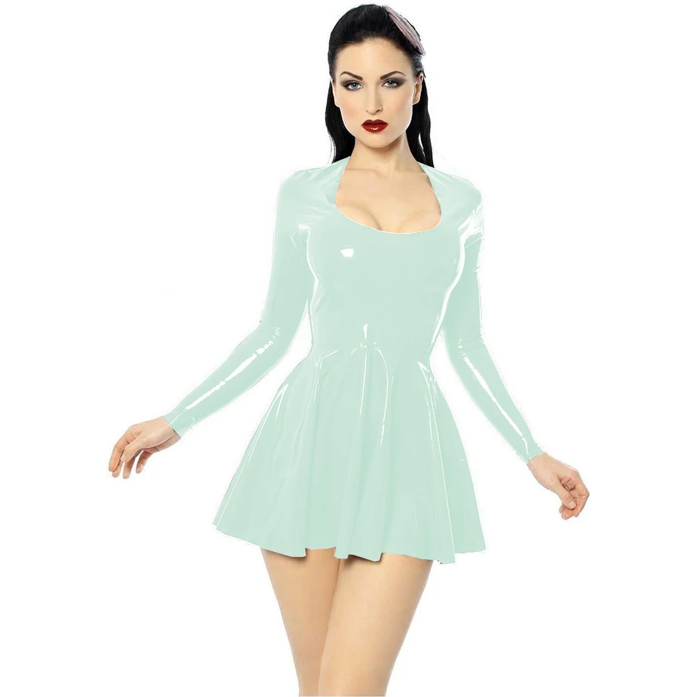Plus size mini-jurk, A-lijn, PVC, U-hals, korte skaterjurk, bodycon met lange mouwen, geplooide jurken, club, slanke leren kleding
