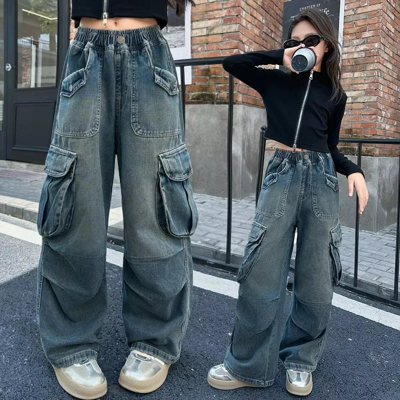 2026 Hot Sale Wide Leg Trousers Teenage Girls Jeans with Big Pocket Four Seasons High Waist Fashion Blue Cargo Denim Pants