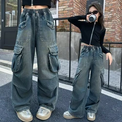 2026 Hot Sale Wide Leg Trousers Teenage Girls Jeans with Big Pocket Four Seasons High Waist Fashion Blue Cargo Denim Pants